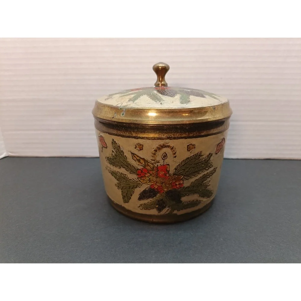Vintage Lidded Canister Jar Christmas Cloisonné Enamel Solid Brass Hand Pained